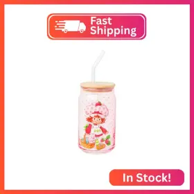 Sbk946qp Silver Buffalo Strawberry Shortcake Pink Glass Tumbler With Bamboo Lid And